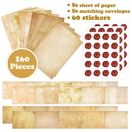 Cyiecw Set of 160 Writing Paper with Envelopes (10 Colours), 50 A5 Lined and 50 Envelopes, Adult Simple Retro Style Writing Paper with 60 Stickers (Retro)
