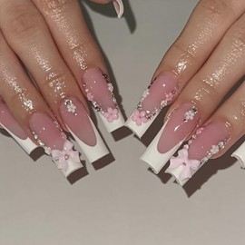 24Pcs Flower Press on Nails Medium Square Fake Nails White French Tip False Nails with Glitter Rhinestones Design Nude Stick on Nails Full Cover Artificial Glue on Nails Bow Nail Supplies for Women
