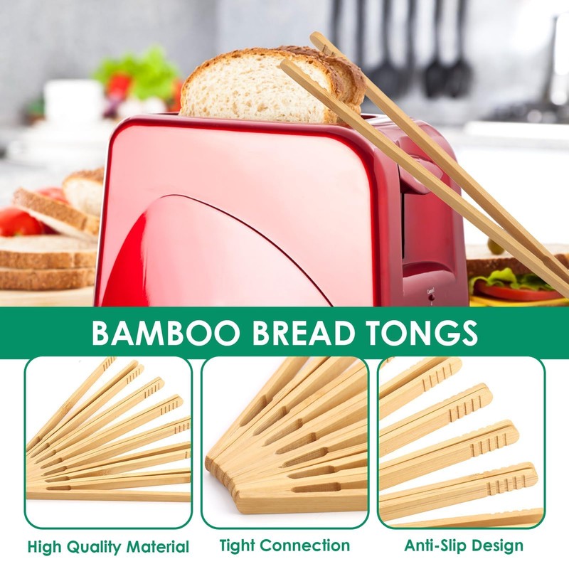 Bamboo Bread Tongs - Set of 12 Reusable Kitchen Tongs