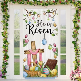 Easter Decorations He Is Risen Door Cover Spring Bunny Rabbit Banner Happy Easter Decorations for Home Party