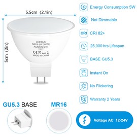 ORALUCE MR16 - Bombillas LED de 5 W, AC/DC 12-24 V GU5.3 de bajo voltaje, blanco cálido de 3000 K, no regulable, 450 lm, ángulo de haz de inundación de 120 °, para paisaje, empotrado, iluminación de