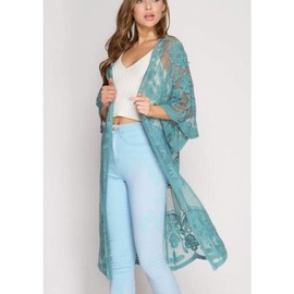 [Bsubseach] レディ メッシュ レース 水着カバーアップ ビーチ カーディガン オープン ブルーグリーン