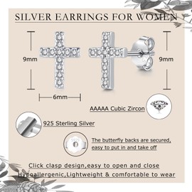 Zolkamery Silver Stud Earrings, Small 925 Sterling Silver Cross Studs, Zirconia Silver Stud Earrings for Women, Mini White Gold Plated Hypoallergenic Studs Earrings, Neutral Sleeper Earrings for Men