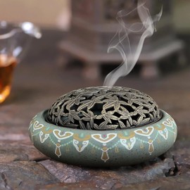 TAIYOU Vintage Incense Burner Ceramic Incense Holder for Sticks Insence Burner Bowl Incense Stick Holder for Cone Coil Desktop Decoration Yoga Meditation Office Home Decor Coffee Shop Blue