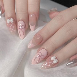 Light Pink Press on Nails Medium Almond Fake Nails White Bow Acrylic Fake Nails Pink Bow False Nails Pink French Tip Stick on Nails for Woman Girls Manicure Nail Accessories 24Pcs (08-white bow)