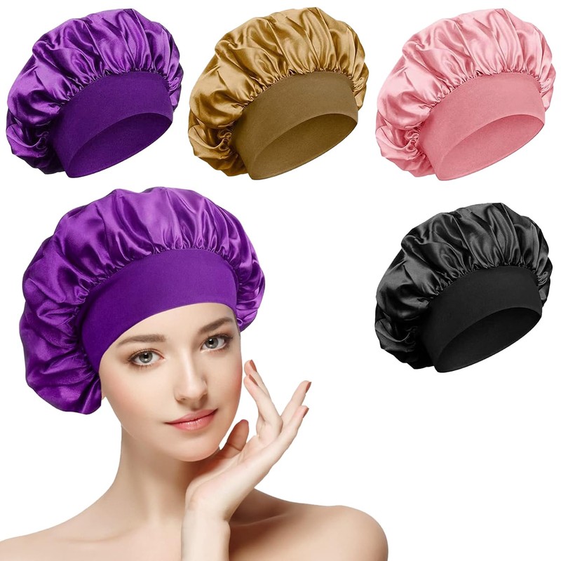 4 Pcs Sombrero de Satén para Dormir,Gorro Rizado Ajustable |