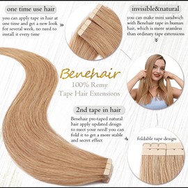 Benehair Tape-in Hair Extensions Human Hair Blonde 20pcs 50g/pack Straight Hair Extensions Seamless Skin Weft Tape-in Natural Hair for Women (20", 27 Dark Blonde)