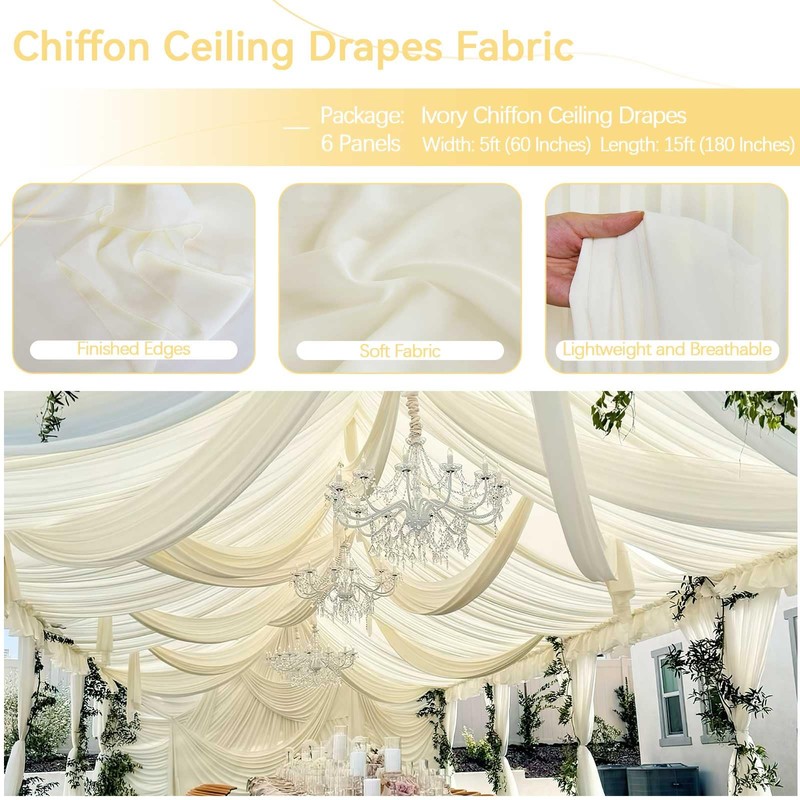 Ivory Wedding Ceiling Drapes 6 Panels 5ftx15ft Long Draping Fabric