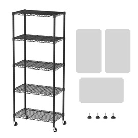 SINGAYE 5 Shelves Storage Shelf Wire Closet Bathroom Organizers Metal Pantry Kitchen Garage Shelving Unit Laundry Room Organization Home Rack Net Basket Black with Wheels