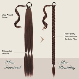 FESHFEN Plait Extensions, Ponytail Extension with Scrunchie, 66 cm, Long Ponytail Plaited Synthetic Hair Extension, Reddish Brown Plait Hairpiece for Women