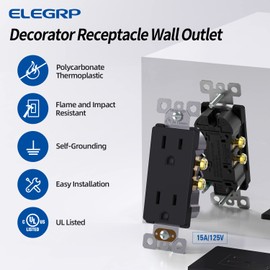 ELEGRP Matte Black Decorator Receptacle, 15A 125V Standard Electrical Wall Outlet, 2 Pole 3 Wire, Non- Tamper Resistant, NEMA 5-15R, Self-Grounding Residential Grade Outlet, UL Listed, 10 Pack
