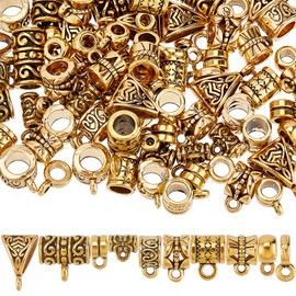 SUNNYCLUE 1 Box 100Pcs 10 Styles Clasp Bail Beads Charms Gold Bail Tube Beads Tibetan Antique Golden Alloy Hanger Connector Links Loose Spacer Beads Charms for jewellery Making Diy Crafts Supplies Wom