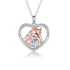 EPIRORA Horse Gifts for Girls, 925 Sterling Silver Horse & Girl Heart Pendant Necklaces | Sparkly Cubic Zirconia Necklace Jewelry Birthday Gifts for Women Horse Lovers Friends, 16''