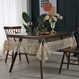Clear Plastic Waterproof Tablecloth, Vinyl PVC Rectangle Table Cloth with Lace Macrame, Oil Spill Proof, Table Cover for Dining Tables, Parties and Holidays (Champagne, 60 x 98 Inch)