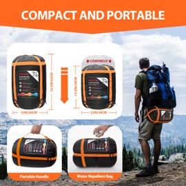 ETGLCOZY 0 Degree Sleeping Bags for Adults, Cold Weather Portable Lightweight 3-4 Season Camping Sleeping Bags for Kids Girls Boys with Draft Tubes, 33.5in Wide Fits up to 6ft 6in Tall(Orange)