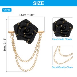 PATIKIL Rose Lapel Pin, 2 Pcs Lapel Pin with Double Hanging Chain Brooch Suit Stud Shirt Studs Men's Accessories Wedding Graduation Anniversary Dinner Party, Black with Gold Rim