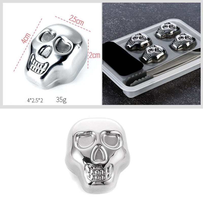 4 PCS Stainless Steel Skull Head Ice Cube with Silicone