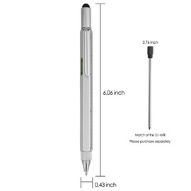 HeTaoCat Gifts Multi Tech Tool Pen 6 in 1 Stylus Pen - Screwdriver Pen with Ruler, Levelgauge, Ballpoint Pen Black Ink (Silver)