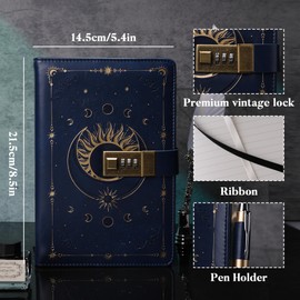 TIEFOSSI Diary with Lock, Vintage Sun Journal with Lock for Women Men, A5 Refillable Notebook with Lock for Writing, 224 Numbered Pages