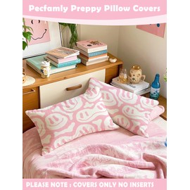 Pecfamly Cute Decorative Aesthetic Preppy Smile Face Lumbar Throw Pillows for Bed Set of 2, Pink Preppy Room Decor Aesthetic for Teen Girls (No Inserts)
