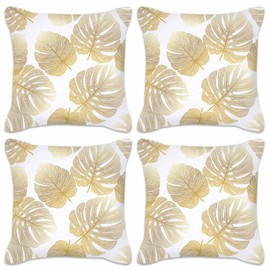 Betadistor Gold Cushion Covers 18x18 Inch Set of 4, Gold Floral Decorative Cushion Cases Decor for Couch Bed Car Patio Furniture Bench Sofa Pillowcase, Gold Leaves, 511-0212