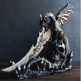 Ebros Gift Dreamwork Fantasy Leviathan Dragon On Graveyard Dracula Skull Wielding Dagger Blade Blunt Knife with Fire Motif As Letter Opener Or Decorative Dagger with Holder Display Set