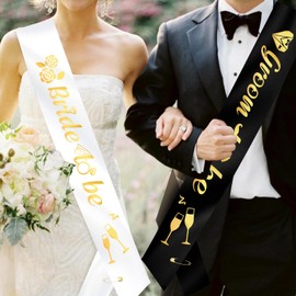 KICOSY Bride and Groom Sash- Gold Printed, Adjustable – Perfect for Bachelorette Bachelor Engagement Party Events