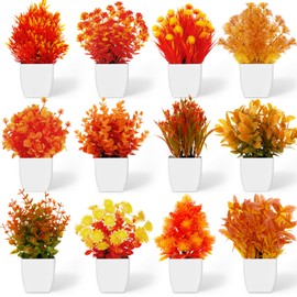 Suncalla 12 Pack Artificial Fall Potted Flowers 7.87 in Fake Potted Plants Mini Autumn Faux Rustic Artificial Flower Floral Arrangements for Fall Table Centerpieces Thanksgiving Home Farmhouse Decor