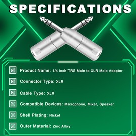 MKBKLLJY 3pcs 1/4" TS Mono Male to XLR Male Adapter Unbalanced 1/4" 6.35mm Plug Nickel Zinc Alloy Round Cable with Tie, Compatible with Microphone Amplifier Speaker Mixing Console