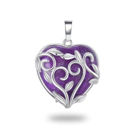 RJLLKD Amethyst Crystal Pendant for Necklace Purple Heart Healing Crystal Natural Stone Necklace Silver Flower Wrapped Gemstone Pendant Jewellery Spiritual Gifts for Women Girls