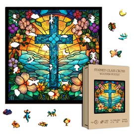 Cross Stained Glass Wooden Puzzles for Adults, PICKFORU Christian Wood Puzzles Puzzles with Unique Shape, Religious Puzzle as Home Decor