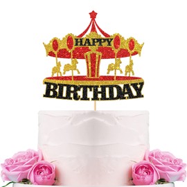Carousel Happy Birthday Cake Topper/Vintage Circus Tent Carnival Birthday Cake Decor/Children Bday Amusement Park Theme Party Decorations Gold & Red