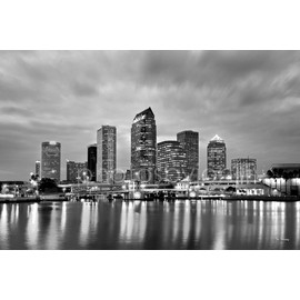PHOTOSBYJON Canvas Tampa Skyline Dusk 24" x 36" B&W Black and White City Downtown Photographic Print Photo Picture