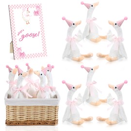 Blueweenly One Silly Goose 1st Birthday Decoration 11.8 Inch Soft Goose Stuffed Animal Birthday Hat with Wood Table Decor(Pink)
