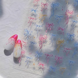 Aurora Bow Nail Art Stickers 5D Embossed Colored Bow Nail Stickers Pink Blue Yellow Cute Ribbon Bow Tie Design Nail Decals Kawaii Ribbon Bow Manicure Supplies for Women Girls DIY Nail Decorations