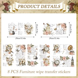 Shejdgart Flower Rub on Transfers for Crafts - 8 Sheets Vintage Floral Rub on Transfer Stickers for Furniture Butterfly Clock Rub on Transfers for Wood DIY Home Office Decor 11.4x5.9 Inch
