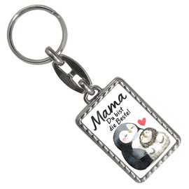 Penguin Mother and Child Keyring with Border with Saying Mama du bist die Beste Mother's Day Love in Animal Design Heartful Family Mother's Day Gift, multicoloured