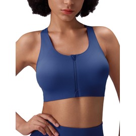 baleaf Sweatleaf Zipper Front Closure Sports Bras for Women, Racerback Longline High Support Yoga Workout Running Athletic Padded Tops, Navy Blue M