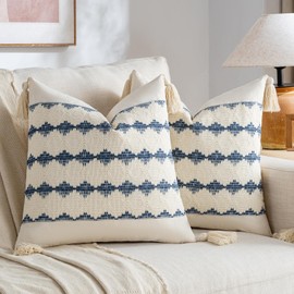 Fancy Homi Set of 2 Dusty Blue Vintage Decorative Throw Pillow Covers 20x20 Inch for Couch Bed Sofa Chair Bedroom, Rustic Retro Square Cushion Case with Tassels, Farmhouse Boho Living Room Décor