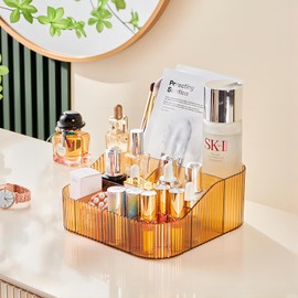 DASITON Large Capacity Makeup Brush Holder,8 Slot Makeup Brush Cup,Vintage striped Make Up Brush Holder,for Vanity Decor,Bathroom Countertops,Desk Storage Container,Cosmetic Display cases(Yellow-XL)