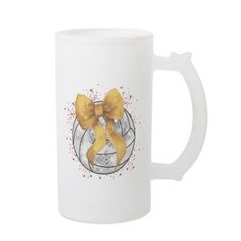 Elanze Designs Sports Freezable Beer Stein Mug With Thumb Grip Handle 16 Ounce Frosted Glass, Glitzy Glam Disco Volleyball Red Splatter Gold Coquette Bow
