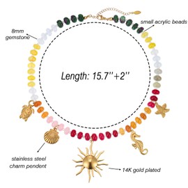 BOMAIL Gemstone Beaded Necklace for Women Colorful Boho Beaded Choker Necklace Gold Sun Starfish Surfer Shell Necklaces Summer Beach Statement Jewelry