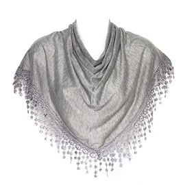 Hat To Socks Triangle Scarf with Bobbin Lace Fringes for Women (Grey)