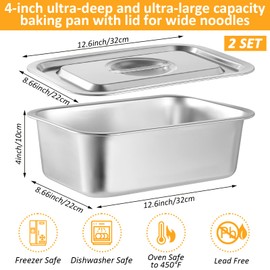 CODOHI 2 Pack Lasagna Pan with Lid 3.9 Inch Deep, 8.7x12.6 Stainless Steel Large Baking Dish Tray for Oven, Thick Metal Roasting Pan for Casserole Brownie Turkey