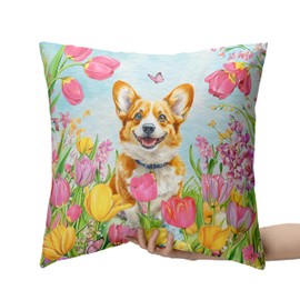 Kwlegh Lovely Puppy Pillow Covers 18x18 Set of 2 Cute Dog with Tulip Throw Pillow Covers Adorable Corgi Decorative Pillow Case Floral Cushion Case for Farmhouse Couch Sofa
