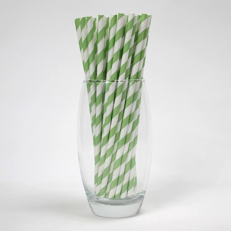 Green & White Striped Paper Straws (6mm x 200mm) -