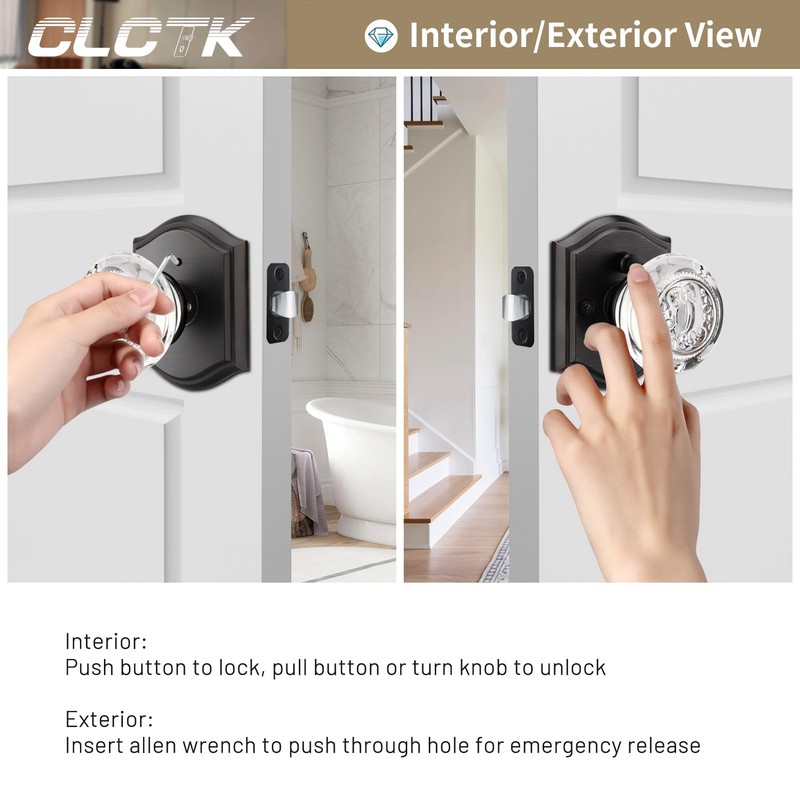 CLCTK Glass Door Knobs Interior with Lock, Crystal Privacy Oil