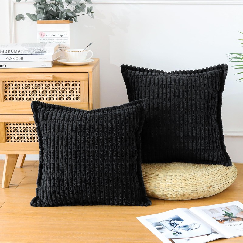 Artscope Black Cushion Covers Set of 2 Corduroy Decorative Square