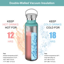 Volhoply 600 ml Stainless Steel Drinking Bottle with Handle Cover, Double-Walled Vacuum Insulated Thermos Flask Children, Metal Leak-Proof Water Bottle for Sports, School, Outdoor (Green/Pink Colour