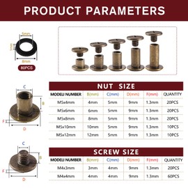 YIXISI 80 Set M5 x 4/6/8/10/12 mm Chicago Binding Screws Kit, 5 Sizes Bookbinding Screws Set, Chicago Binding Screws for Leather Decoration, Bookbinding, Bronze